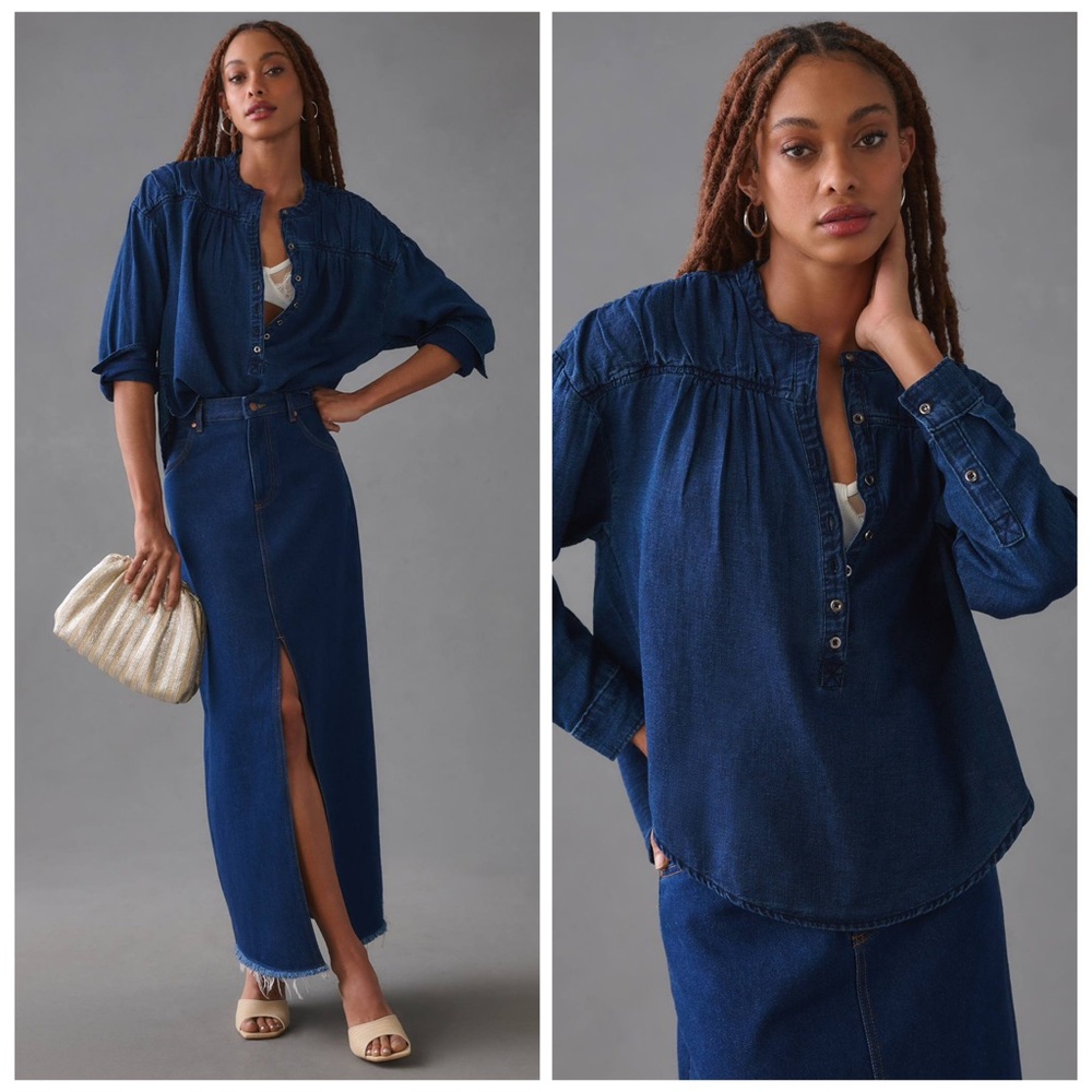 ANTHROPOLOGIE 1X PILCRO Henley Blouse in Dark Denim • Chambray Top Modern Boho